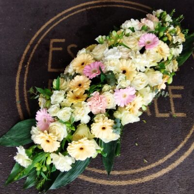 Coussin allongé pastel – Composition florale de deuil douce et élégante 🌸 À partir de 60 € 📍 Disponible à Roncq, Wervicq-Sud et en livraison Un coussin de deuil allongé dans des tons pastel, pour un dernier hommage tout en douceur et délicatesse. Cette forme est idéale pour accompagner une cérémonie ou fleurir un lieu de repos avec sobriété et élégance. Chaque pièce est composée à la main avec des fleurs fraîches, soigneusement assemblées pour créer un rendu fluide et naturel. Les teintes pastel (roses, pêches, blancs, mauves doux) évoquent la tendresse, la sérénité et la lumière.