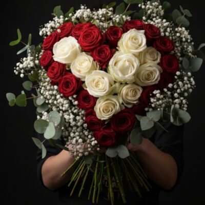 Bouquet "Cœur à Cœur" ​L'Esprit de la Création ​Une déclaration d'amour éternelle et passionnée. Cette composition en forme de cœur joue sur le contraste symbolique entre la pureté des sentiments et l'ardeur de la passion. C'est le cadeau idéal pour la Saint-Valentin, un anniversaire de rencontre ou une demande particulière. ​Détails de la Composition ​Chaque création est façonnée avec précision dans notre atelier : ​Végétaux : Un cœur central composé de roses blanches immaculées, entouré d'une couronne dense de roses rouges veloutées. ​Finitions : L'ensemble est délicatement souligné par un léger feuillage vaporeux et quelques tiges de gypsophile blanc pour apporter une touche de douceur et de légèreté. ​Structure : Montage spécifique pour garantir une forme de cœur parfaite et harmonieuse.