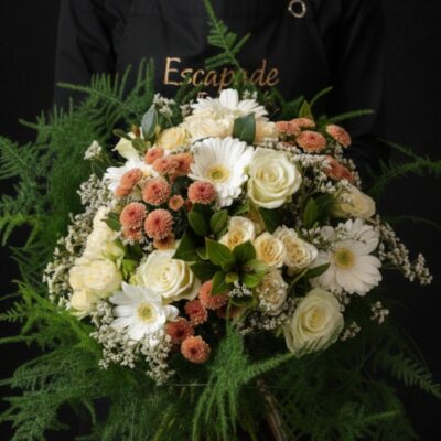 Bouquet "Nuage de Pureté" ​L'Esprit de la Création ​Une composition d'une élégance rare, travaillée tout en volume et en contraste. Ce bouquet volumineux mêle la clarté éclatante du blanc à la chaleur douce de touches orangées. Sa structure aérienne et généreuse en fait une pièce maîtresse pour décorer un grand espace ou pour offrir un cadeau prestigieux qui saura marquer les esprits par sa prestance. ​Détails de la Composition ​Chaque bouquet est une création artisanale généreuse, assemblée avec passion : ​Fleurs Majeures : De magnifiques roses blanches en gros boutons pour l'élégance, accompagnées de roses blanches branchues pour un effet foisonnant. ​Notes Colorées : Des germinis blancs immaculés et des Santinis orangés qui apportent une touche de chaleur et de peps à l'ensemble. ​Légèreté & Volume : Du limonium blanc vaporeux pour créer cette sensation de nuage. ​Écrin Végétal : Un travail spécifique sur le feuillage pour accentuer la volubilité et donner au bouquet une envergure spectaculaire.