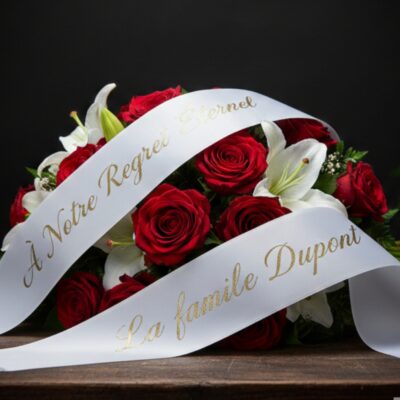 avec Escapade Florale ou personnalise votre Ruban deuil pour laisser un message lors d'une cérémonie pour l'enterrement d'un défunt pour ce dernier hommage lors du décès d'un proche