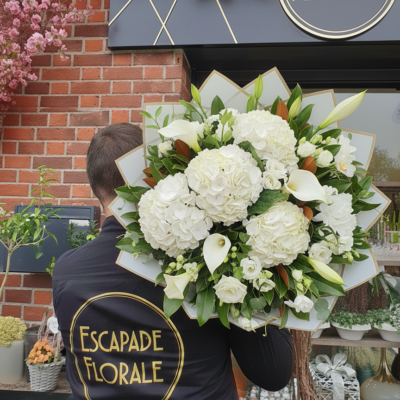 Le Bouquet "Hortense" ​Type de produit : Bouquet de prestige XXL Style : Volumineux, moderne et monochrome Disponibilité : Roncq & Wervicq-Sud ​Composition du bouquet ​Cette réalisation se distingue par sa structure imposante et son élégance minimaliste, mettant en avant la générosité d'une seule variété florale majeur. ​Fleur principale : ​Hortensias (Hydrangea)  : Sélectionnés pour leur diamètre exceptionnel et la densité de leurs pétales. ​Habillage : ​Structure de papier kraft blanc et liseré doré : Un emballage rigide en corolle qui soutient le poids des fleurs tout en créant un contraste lumineux. ​Signature : Présenté avec le savoir-faire artisanal de l'équipe Escapade Florale. ​Conseils d'Expert pour la Durabilité ​Hydratation maximale : L'hortensia est très gourmand en eau. Vaporisez légèrement les têtes de fleurs chaque jour pour maintenir leur turgescence. ​Préparation des tiges : Pour une meilleure absorption, fendez la base de la tige en croix sur 2 cm ou utilisez un sécateur bien affûté. ​Eau fraîche : Changez l'eau du vase quotidiennement en veillant à ce qu'elle soit toujours propre et abondante. ​Points de vente ​Retrouvez cette création exclusive dans nos deux boutiques : ​Escapade Florale - Roncq : 10 rue Jules Cornard, 59223 Roncq. ​Escapade Florale by Sam - Wervicq-Sud : 51 rue Gabriel Péri, 59117 Wervicq-Sud.