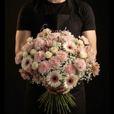 Bouquet "Nuage de Tendresse" ​L'Esprit de la Création ​Une composition vaporeuse et d'une grande délicatesse, conçue comme une caresse fleurie. Ce bouquet rond privilégie une harmonie de teintes pastel, mêlant le rose poudré au crème pour un rendu romantique et apaisant. C’est le cadeau idéal pour exprimer son affection, célébrer une naissance ou simplement apporter une touche de sérénité à son intérieur. ​Détails de la Composition ​Cette pièce est réalisée avec une attention particulière portée au volume et à la légèreté par nos artisans : ​Cœur de Fleurs : Une profusion d'œillets roses aux pétales dentelés et de généreux germinis bicolores (blanc à cœur rose) qui apportent une luminosité douce. ​Touches de Noblesse : Des roses branchues crème parsemées avec soin pour ajouter de la finesse et de l'élégance à la composition. ​Finition Vaporeuse : Un travail généreux sur le gypsophile blanc qui enveloppe les fleurs comme un nuage, créant ce volume aérien si caractéristique. ​Structure : Un bouquet rond parfaitement équilibré, offrant une visibilité harmonieuse sous tous les angles.
