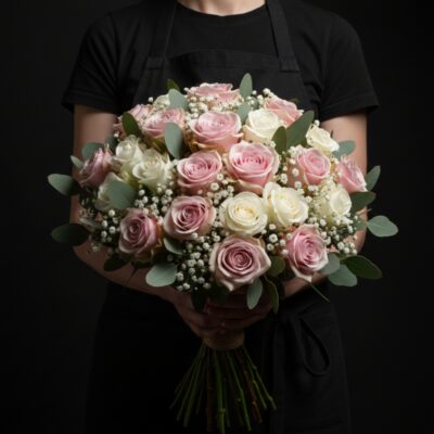 Bouquet de Roses Blanches et Roses Boutons Moyens Un bouquet élégant dans les tons  rose et blanc, composé de Roses fraîches et gypso. Parfait pour offrir ou pour décorer un intérieur avec fraîcheur et douceur. Détail : Fleurs fraîches Tons rose et blanc Bouquet longues tiges, façonné à la main Présenté avec soin, prêt à offrir Disponible en retrait boutique à Roncq et Wervicq-Sud ou en livraison locale.