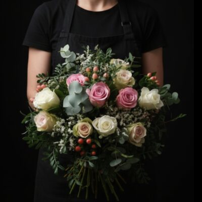 Bouquet de Roses "Douceur Locale" ​Type de produit : Bouquet rond artisanal Style : Romantique et champêtre Disponibilité : Sur commande ou en boutique (Roncq & Wervicq-Sud) ​Composition du bouquet ​Ce bouquet harmonieux est une célébration de la rose sous toutes ses nuances, travaillée avec des éléments de structure issus de notre production ou de producteurs locaux. ​Cœur de fleurs : ​Roses Blanches : Pour la pureté et l'éclat. ​Roses Rose Soutenu : Pour le caractère et la profondeur. ​Roses Rose Pâle : Pour la tendresse et la douceur. ​Accompagnement (Local) : ​Fleurettes blanches : Type gypsophile ou wax pour la légèreté. ​Baies roses (Hypericum) : Pour une touche texturée et gourmande. ​Feuillage de nos terres : ​Eucalyptus : Pour son parfum caractéristique et ses reflets argentés. ​Pistachier ou Laurier : Issus de nos planches de culture pour assurer une fraîcheur maximale.